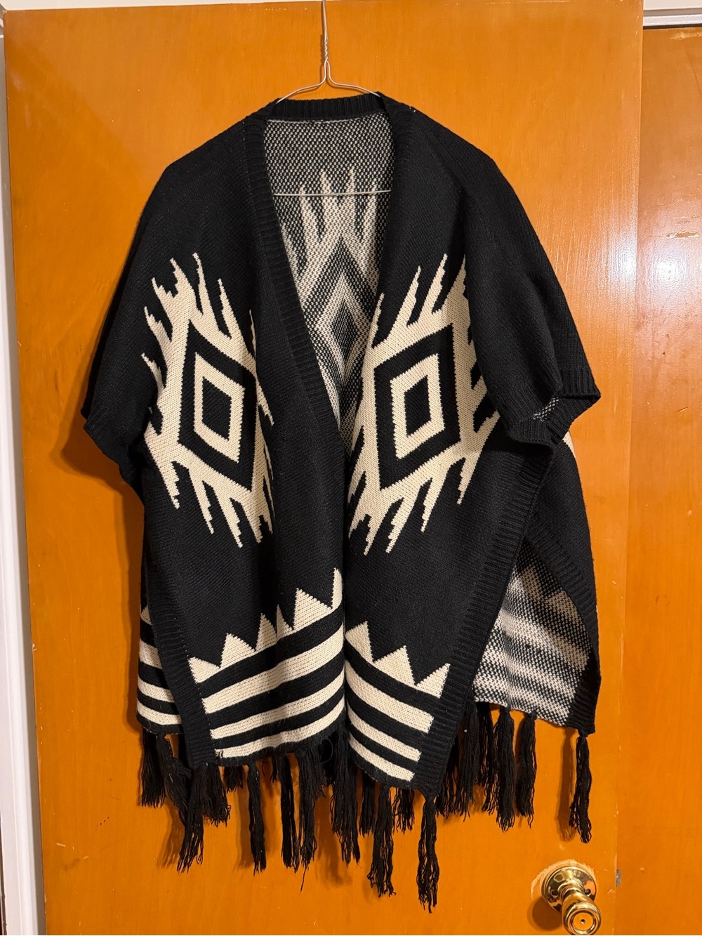 Black & Cream Aztec Fringe Poncho